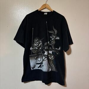 Vintage 90s Looney Toons Bling Rap Tee Promo Black Graphic T-Shirt Size 2XL